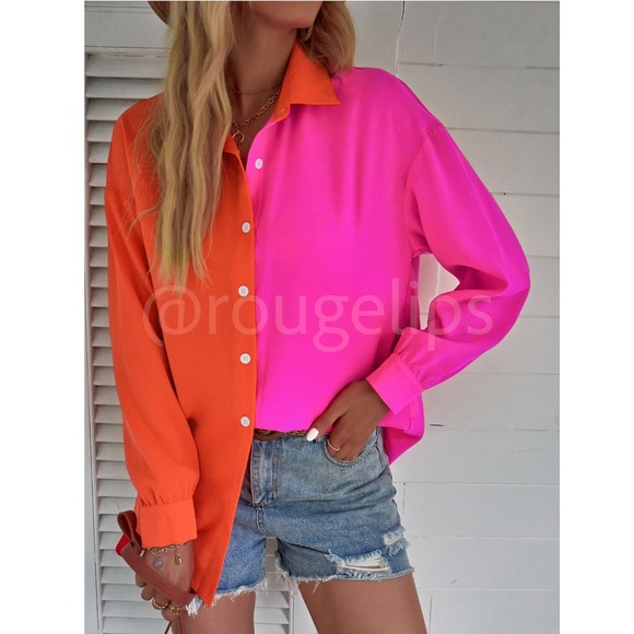 Two Tone Bright Button Down Shirt Hot Pink and Orange Long Sleeve - Picture 1 of 7